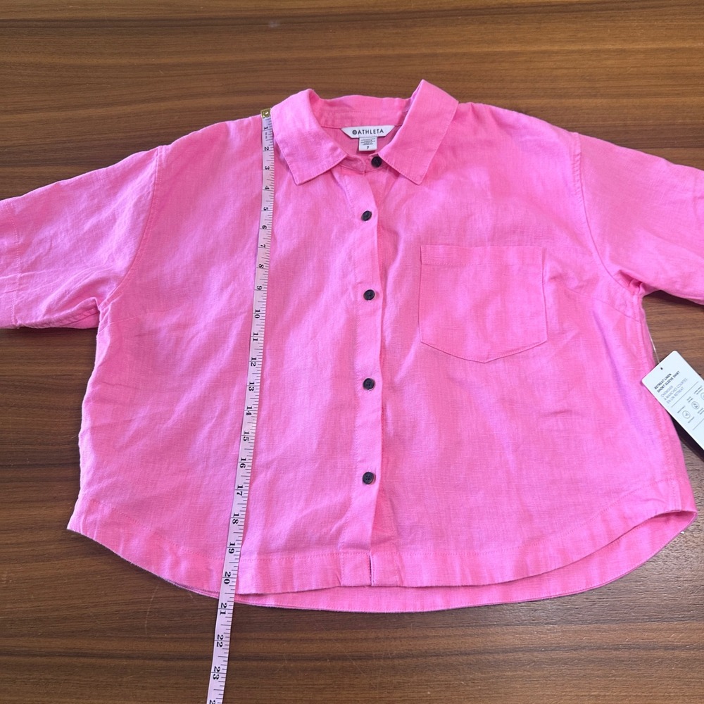Athleta Retreat 100% Linen Shirt Women Small Pink Short Sleeve Boxy Crop Coastal - Picture 6 of 10